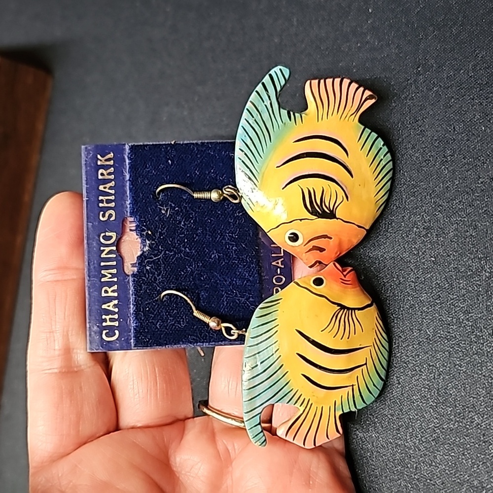 Charming Shark Wooden Fish Earrings Yello, Black, Blue New Old Stock